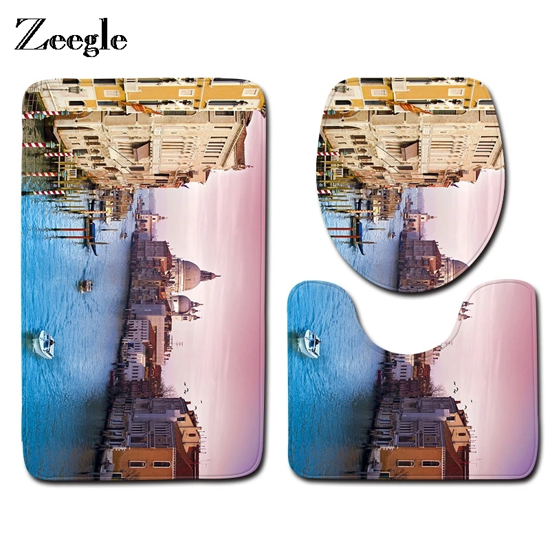 Zeegle City Printed 3pcs/set Bathroom Mat Set Anti-slip Toilet Floor Rugs Flannel Toilet Bath Mat Set Bathroom Carpets And Rugs