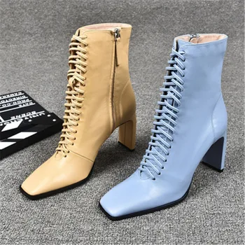 

2020 Women Leather Boots Fashion High Heels Shoes Winter Lace Up Woman Ankle Boots Square Toe Ankle Boots Female Shoes Heels