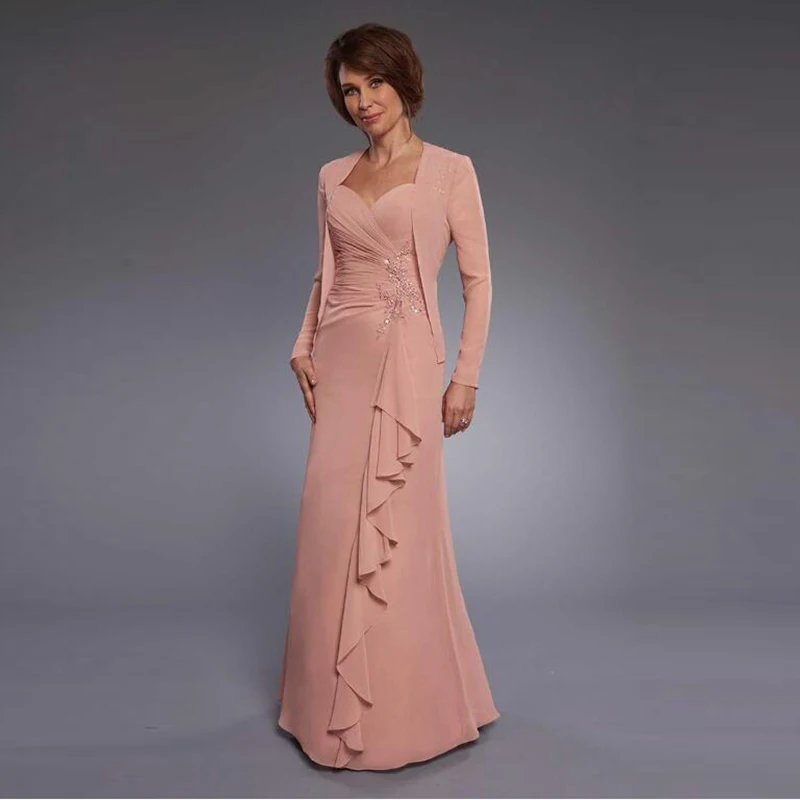 

Charming Blush Chiffon Lace Cap Sleeves Mother of the Bride Dresses With Jacket Wedding Party Gowns Applique Beaded