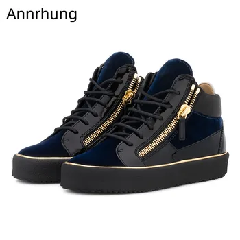 

Blue Velvet Patchwork Men Shoes Flat Thick Bottom Casual Shoes Round Toe Cross Tied Flats Fashion Zipper Decor Autumn Shoes Men