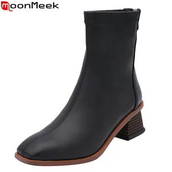 

MoonMeek 2020 New arrival women boots genuine leather boots thick heels square toe autumn winter ankle boots black brown