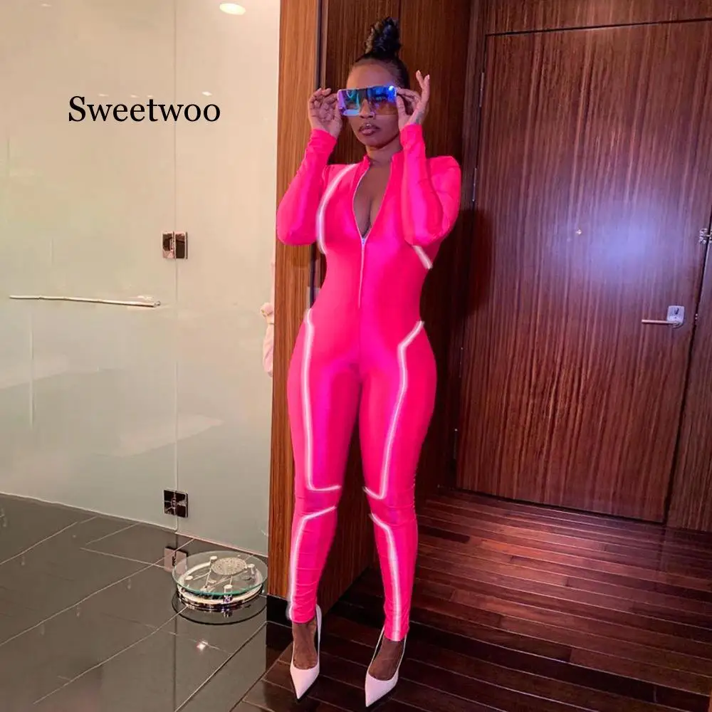 

new 2020 Sportswear Woman Dry Fit Gym Clothing Autumn Winter Sports Overalls Fitness Jumpsuit Reflective Stripe Rose Red Black