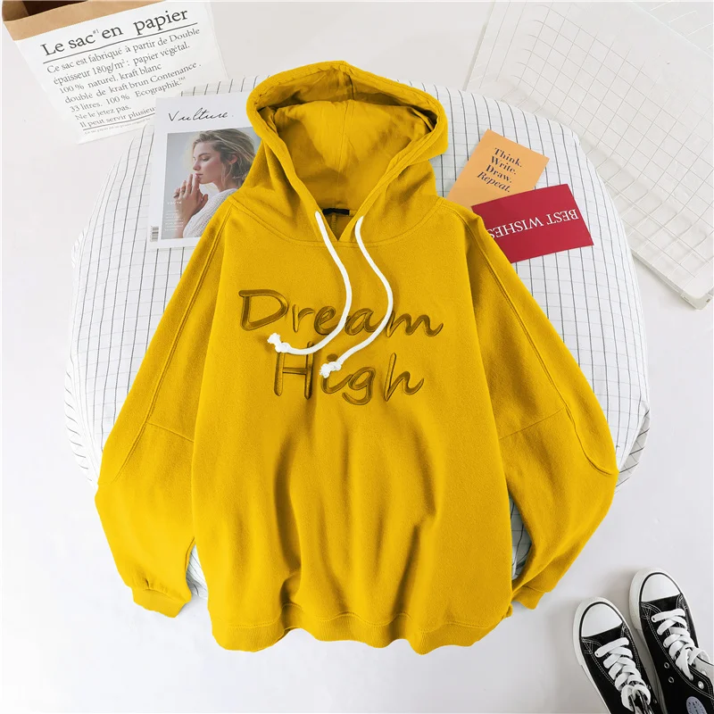 yellow (hooded) Зеленая Толстовка Mujer свободный спортивный костюм с капюшоном Женский Уличная мечта с высоким буквенным принтом толстовка пуловеры Свободное пальто флисовые Топы - Цвет: yellow (hooded)