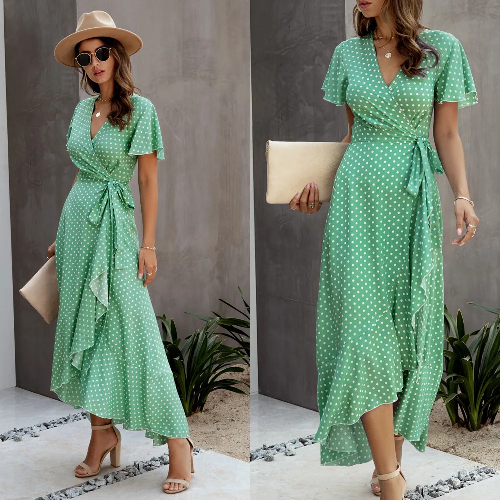 Summer Maxi Dress Women Polka Dot Sexy V Neck Ruffles Short Sleeve Holiday Long Beach Sundress Ladies Lace Up Wrap Party Dresses