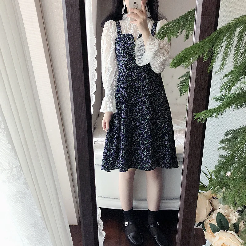

Early Autumn Fat mm New Style Large Size Dress Sweet Elegant Lace Upper Garment Piece Floral Pinafore Dress