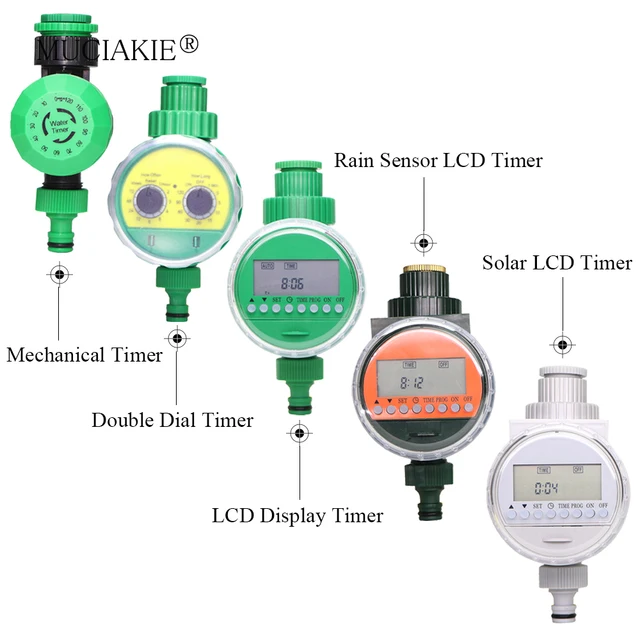 MUCIAKIE 5 Types of Garden Water Timer Rain Sensor Solar LCD Double Dial Controller Watering Irrigation 1/2'' 3/4'' Tap Joint 1