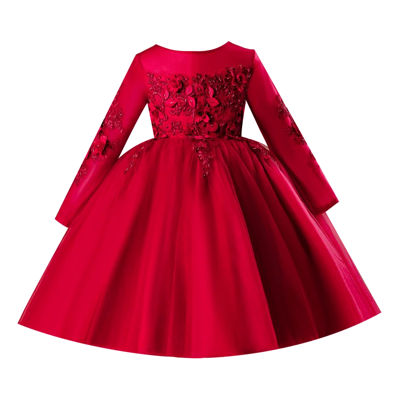 Baby Girls Party Dress Elegant Long Sleeve Red Appliques Infant Evening