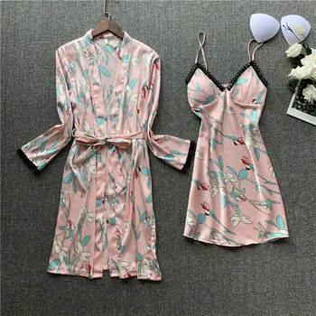 

Lisacmvpnel Woman Printing Robe Twinset Imitate Real Silk Sleepwear Long Sleeve Sexy With Chest Pad Bathrobe Set