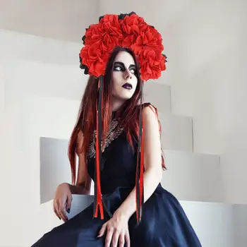 

Halloween Party Headband Floral Women Bridal Halloween Wedding Headband Crown Faux Rose Flower Day Of The Dead Hair Hoop