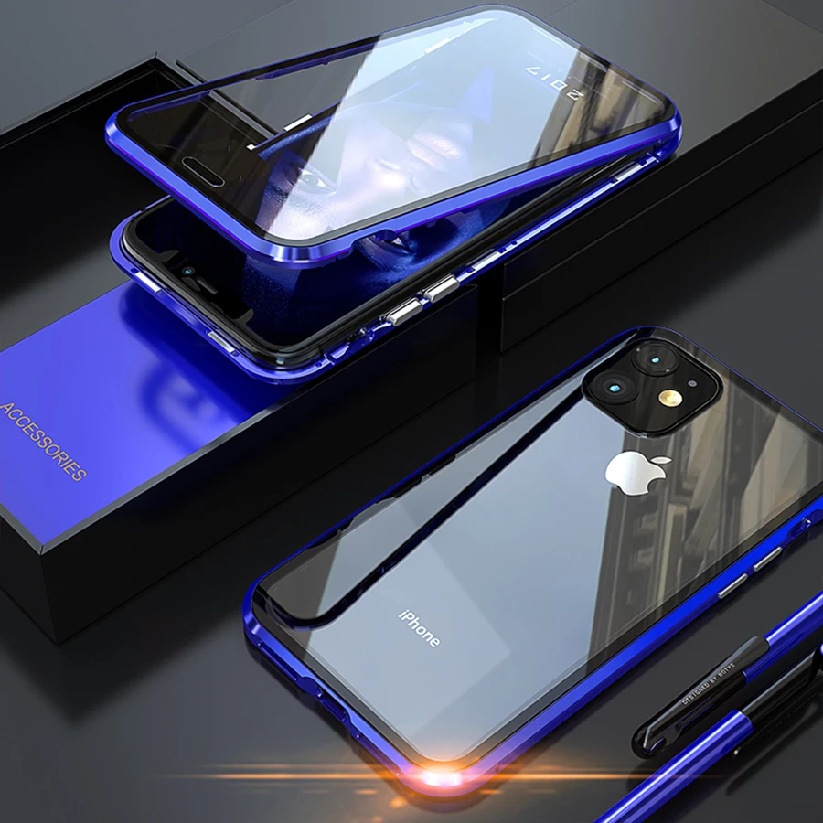 360 магнитный чехол для Iphone 11 Pro Max, металлический передний задний двойной чехол из закаленного стекла, полный защитный чехол для Iphone11 11pro Coque