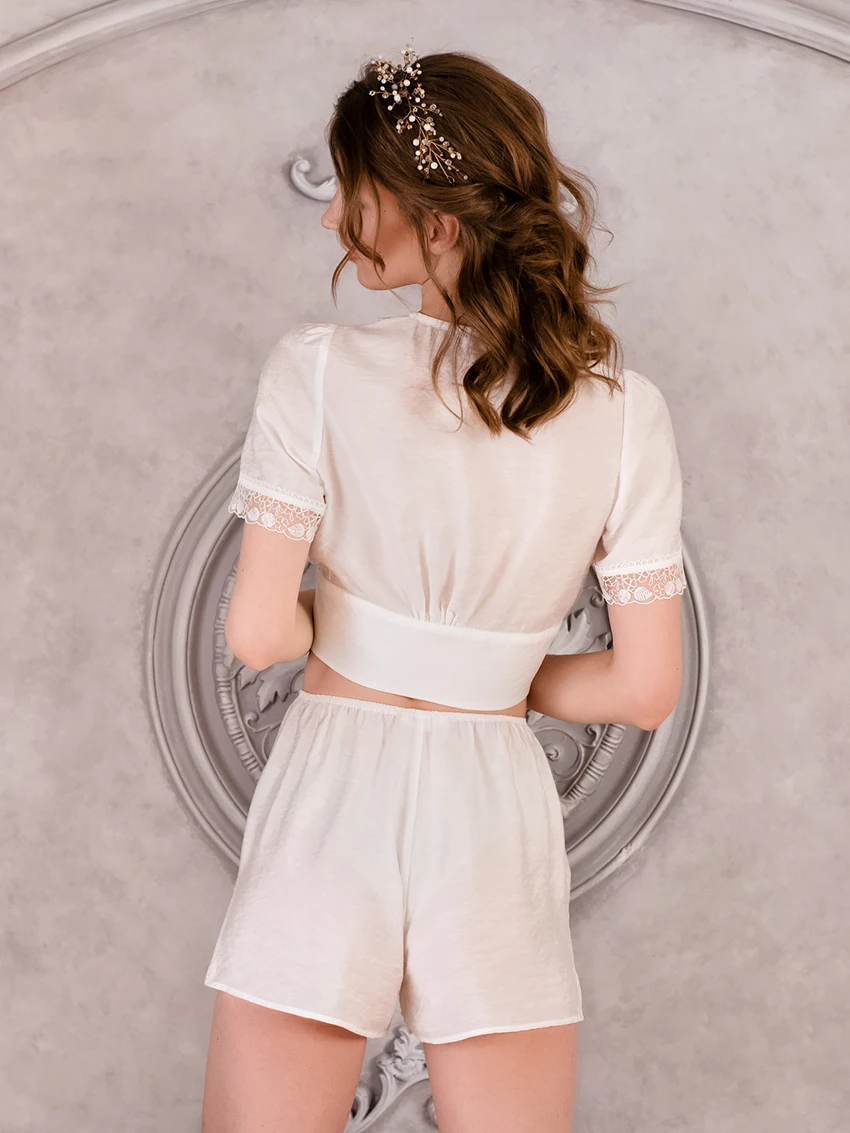 Waliicorners White Short Sleeve V Neck Crop Top Chic Suit Lace Patchwork Pajamas Women 2 Piece Set 9 Hffbaa9b2d8e94b4c9fff60c05aec36c20