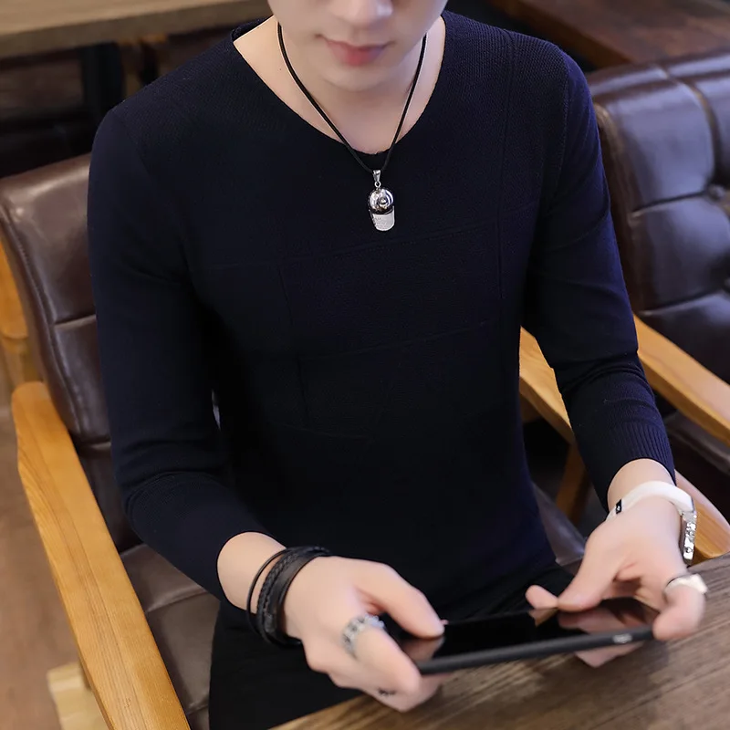 V-neck Sweater Men Long-sleeved Casual Spring and Autumn Thin Tibetan Cyan Black Gray Mens Sweater Pullovers