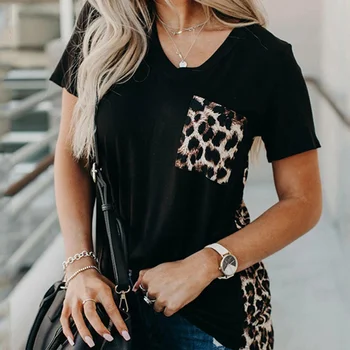 

Leopard Print Patchwork T shirts Women V neck Short Sleeve Pockets T-shirts Female 2020 Summer Streetwear Black Tee Shirt Woman