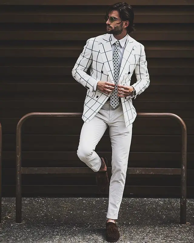 Белый Британский клетчатый мужской костюм из 2 предметов, классический приталенный костюм, деловой пиджак, брюки, смокинги на заказ для свадьбы