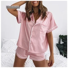2021 Women Turn Down Collar Short Sleeve Christmas Plain Casual Pajama Sets Colorblock Satin Short Sleeve Pajamas Set