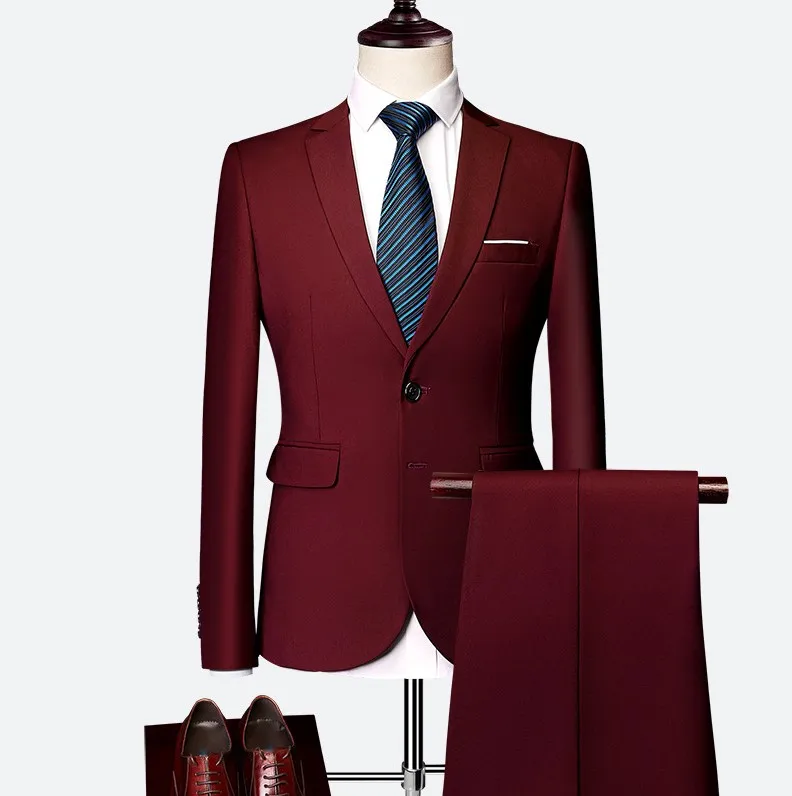 Wine red Пиджак+ брюки, новые мужские деловые тонкие костюмы, одноцветные Свадебные офисные костюмы из двух частей, блейзеры, пальто, брюки, жилет - Цвет: Wine red