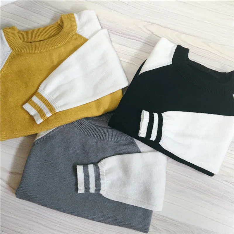Spring Autumn New Baby Boys Girls Knitted Pullover Spell Color Stripe Sweaters Children Tops Girls Boys Cotton Sweaters