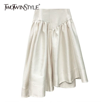 

TWOTWINSTYLE Asymmetrical Embroidered Skirt For Women High Waist Tassel Elegant A Line Skirts Female Fashion New Clothing 2020