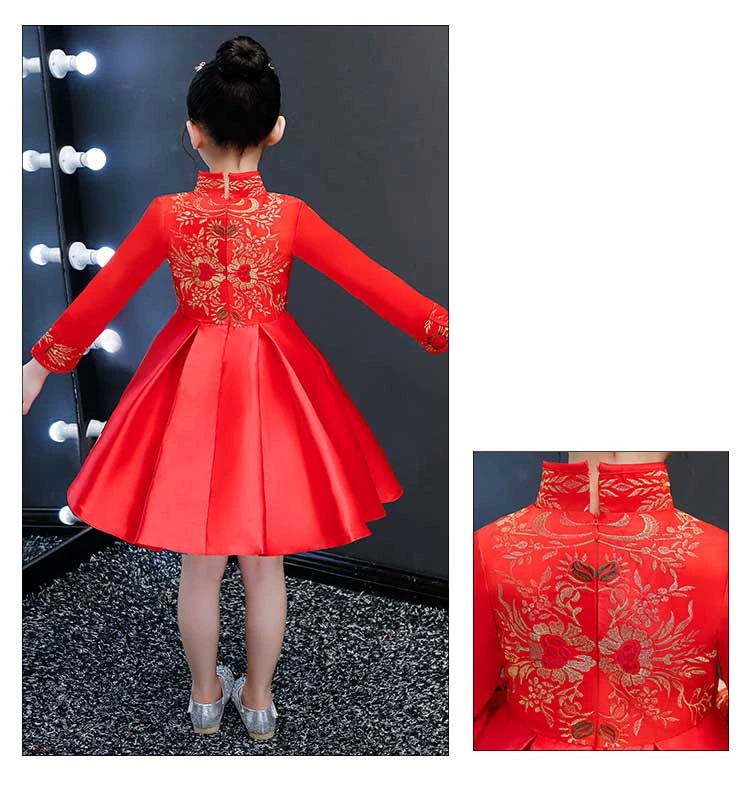 Красный атлас Cheongsam дети девочка принцесса платья китайский год платье Традиционный Тан костюм вышивка Qipao детей vestido