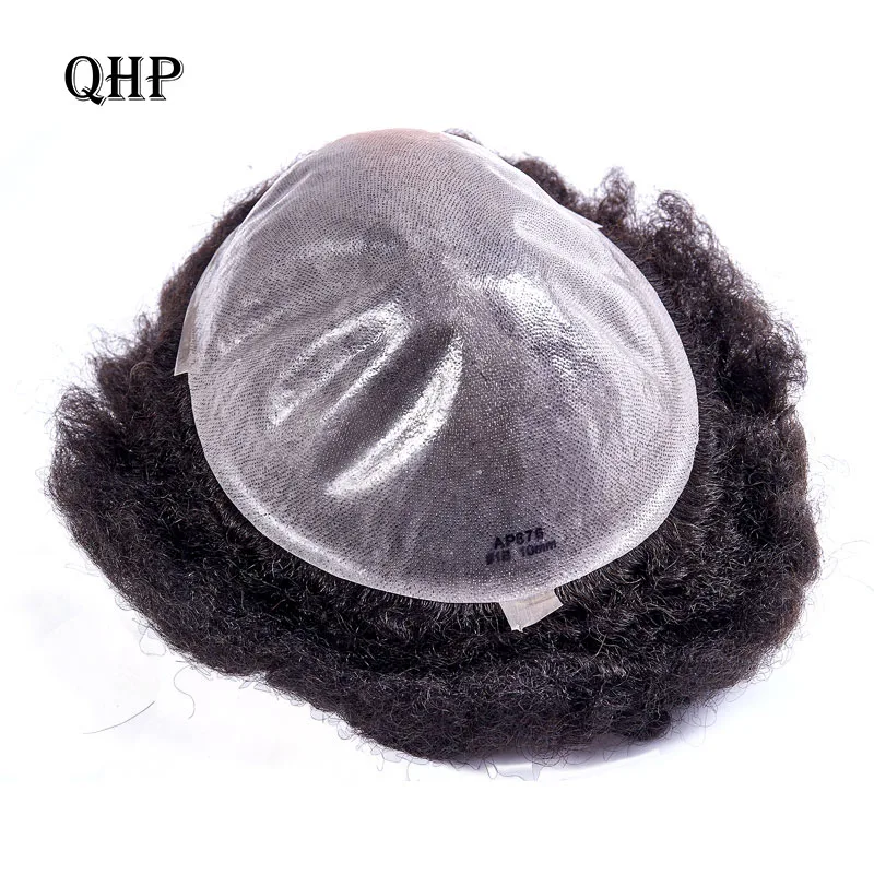 

Black Mens Toupee Wig Thin Skin 0.12mm Afro Kinky Curly Replacement System Handmade Hairpieces Indian Human Remy Hair