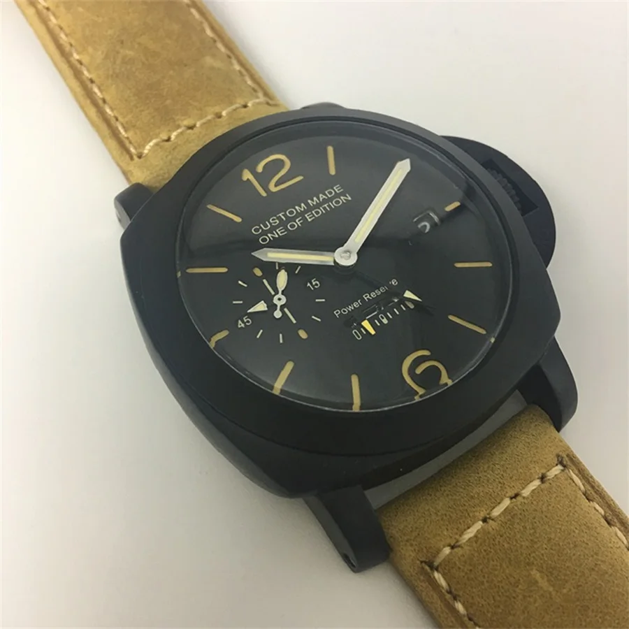 Лидирующий бренд 44 мм автоматические GMT механические часы мужские кожаный ремешок светящийся запас хода PVD чехол военные водонепроницаемые часы P07