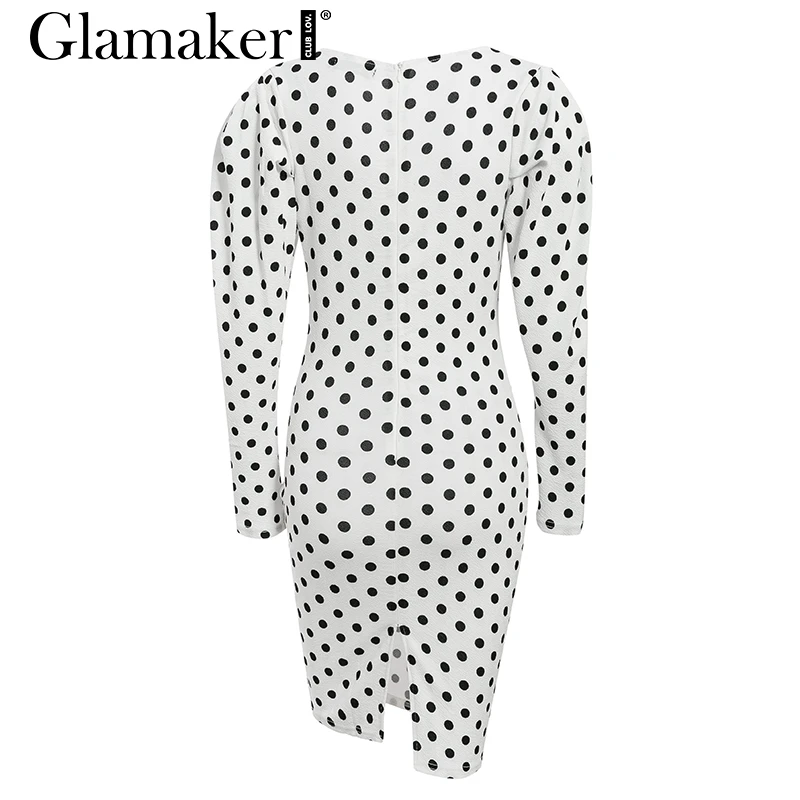 Glamaker белое сексуальное платье в горошек, женское осеннее элегантное облегающее платье миди, вечерние платья с пышными рукавами и v-образным вырезом, винтажное зимнее платье