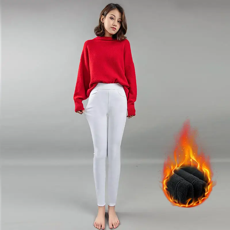 White 3XL Plus Velvet Pants Women Casual Warm High Waist Pencil Pants Female Plus Size Stretch Streetwear Pants Women Trousers Q1853 - Цвет: White