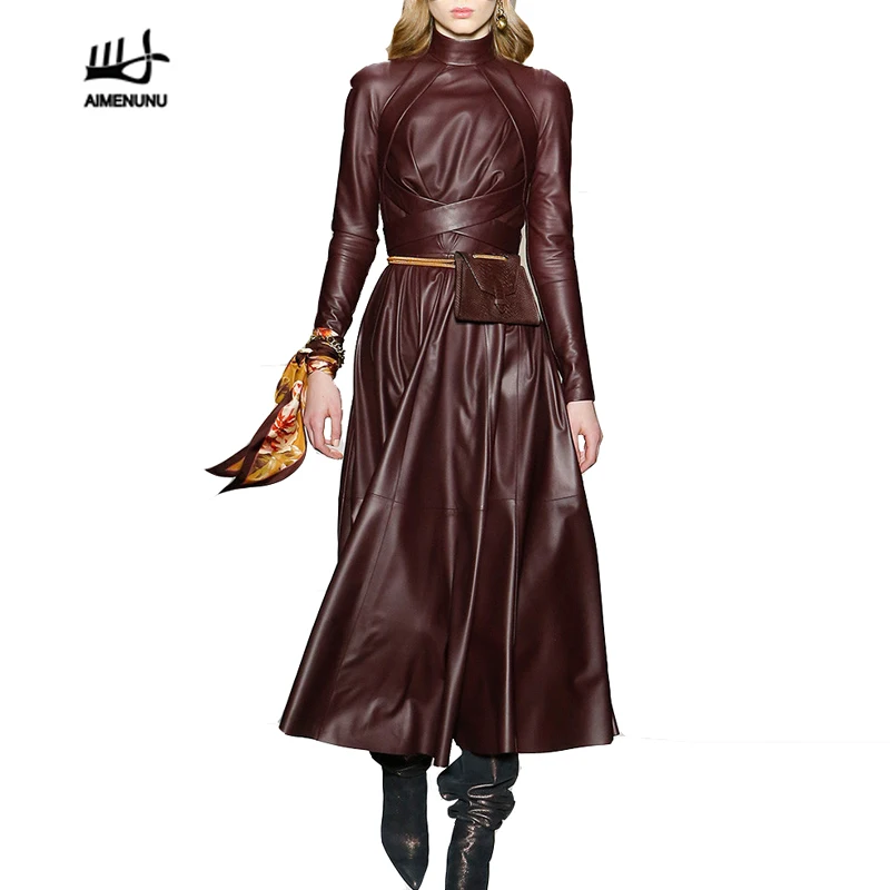 

AIMENUNU Leather Autumn Dress Women Stand Collar Long Sleeve High Waist Lace Up Solid Midi Dresses Female 2019 Fashion New