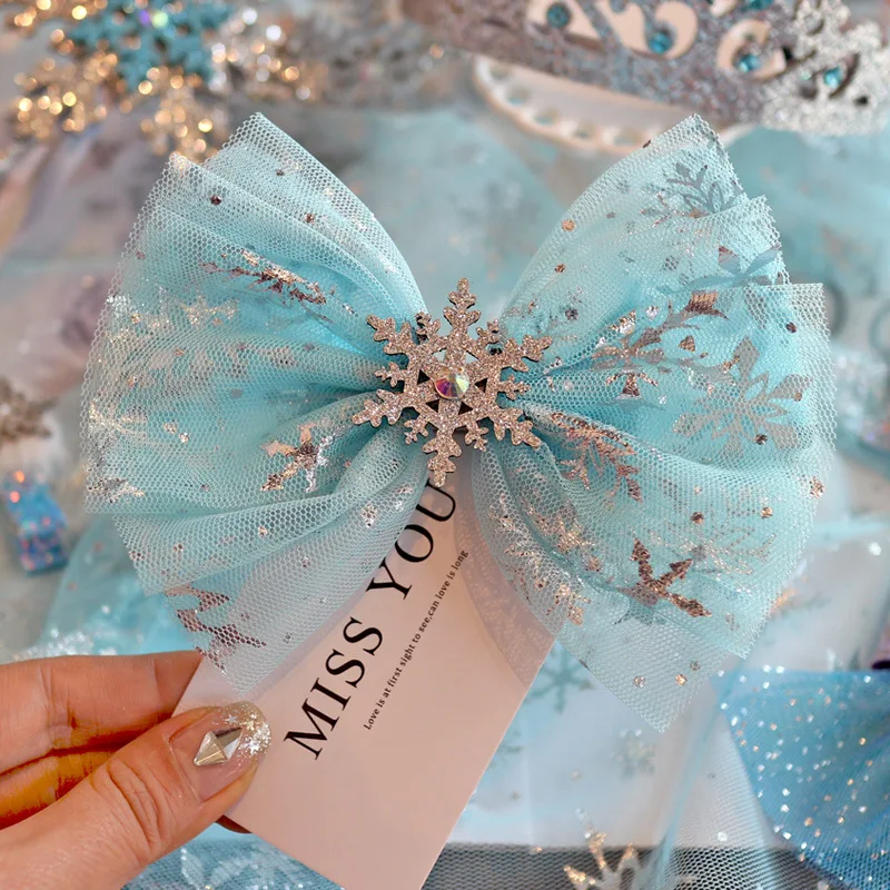 Милые сетчатые заколки с бантами для волос с кристаллами и голубыми бриллиантами для девочек, заколки для волос со снежинками, вечерние, танцевальные головные уборы, подарки на день рождения - Цвет: 11