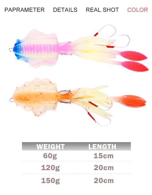 uhakano Fishing Soft Squid Lure 20g/60g/80g/100g/120g/150g Luminous/UV Squid  Jig Fishing Lures For Sea Fishing Wobbler Bait-20cm120g : Buy Online at Best  Price in KSA - Souq is now : Sporting Goods