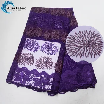 

Alisa Purple Flowers Design Mesh Lace Fabrics With Embroidery 5 Yards/pcs 2019 French Tulle Lace Fabrics with Stones For Party