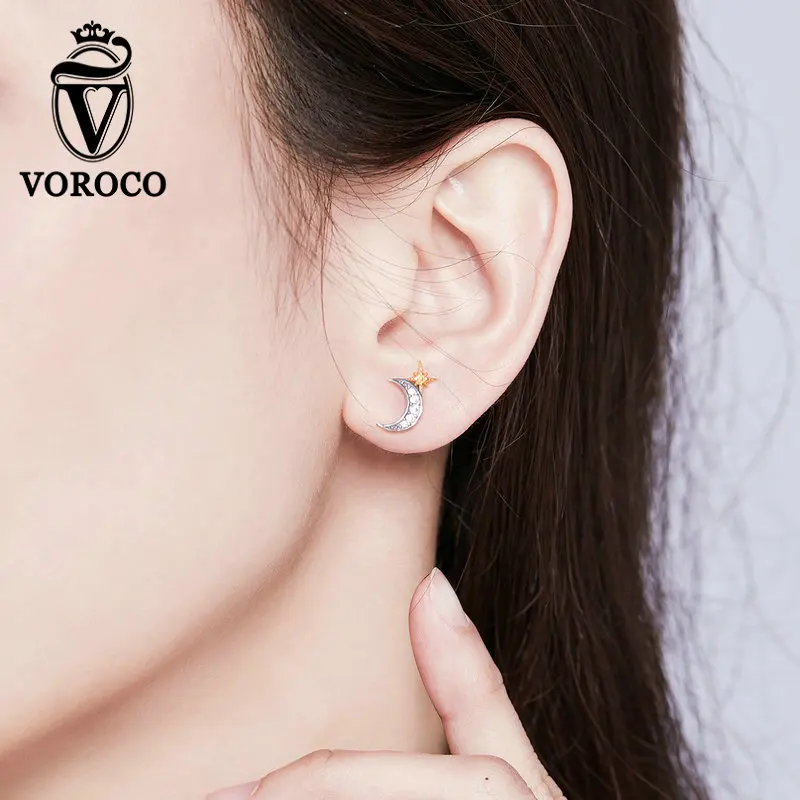 VOROCO, 925 пробы, серебряные, желтые, Золотая шпилька, серьги с Луной и звездами, звездная ночь для женщин, Антиаллергенная, тонкая драгоценность, BKE729