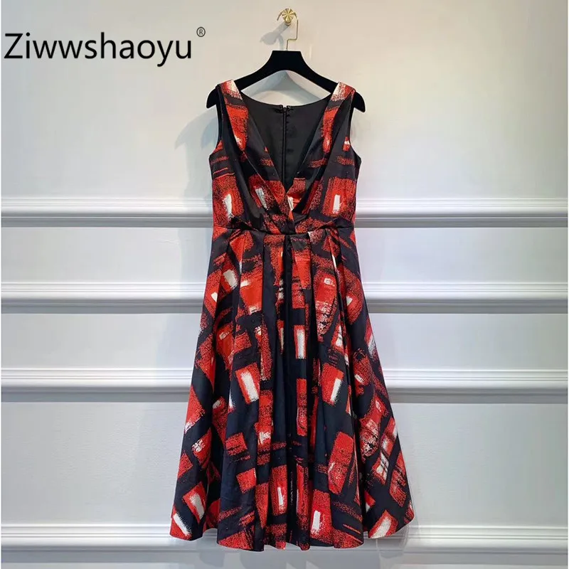 Ziwwshaoyu Red Printed Cotton Fashion Dress Women's Mesh Lining Designer Summer Sexy Party Knee-Length Dresses
