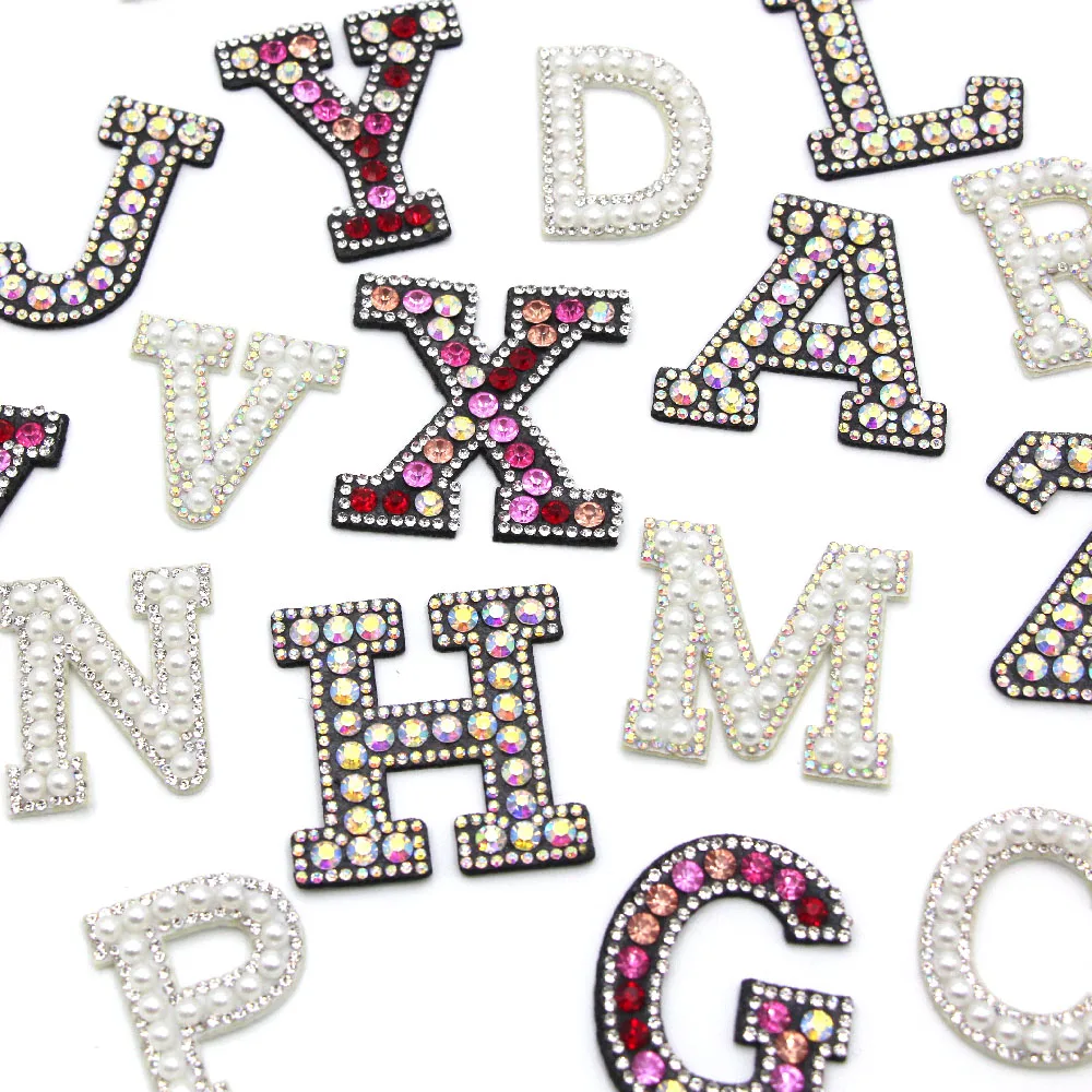 A-Z Letter Pearl Patches Rhinestone Sew Iron on Applique Alphabet Clothing  Badge