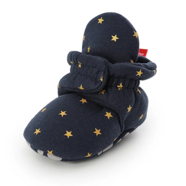 Носки для новорожденных; обувь для маленьких девочек и мальчиков; зимние толстые ботиночки со звездами для первых шагов; хлопковые мягкие Нескользящие теплые ботиночки для малышей - Цвет: star blue