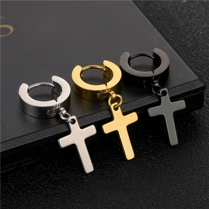 Punk Earrings Men Stainless Steel Dropping Cross Gothic Rock for Women