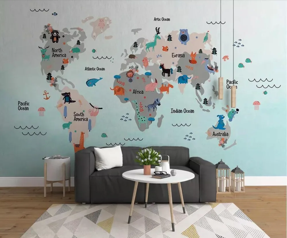 Настенные обои CJSIR ручной росписи Мультяшные животные Карта мира детская комната