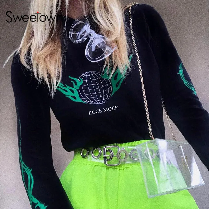 Sweetown земля и пламенный огонь печати короткий топ с длинным рукавом футболки для женщин осень зима мода Водолазка Базовая футболка