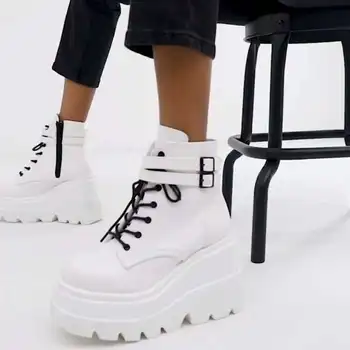 

Winter Fashion High Platform Boots Leather High Wedges Ankle Boots Women 2020 New Female Punk Style High Heels Shoes for Woman