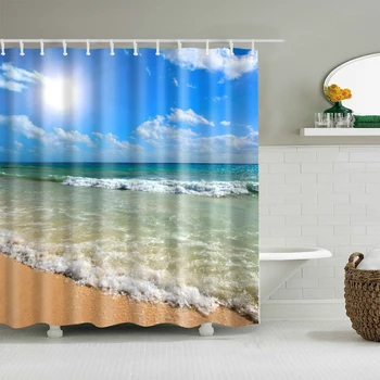 

Mildew Resistant Modern Hotel Home Bathroom Decor Accessories With Hooks Bath Durable Supplies Sun Beach Square Shower Curtain