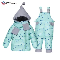 Conjunto de roupas de inverno para meninos meninas pontos escuro para baixo casaco + macacão ternos quente à prova vento snowsuit criança crianças terno