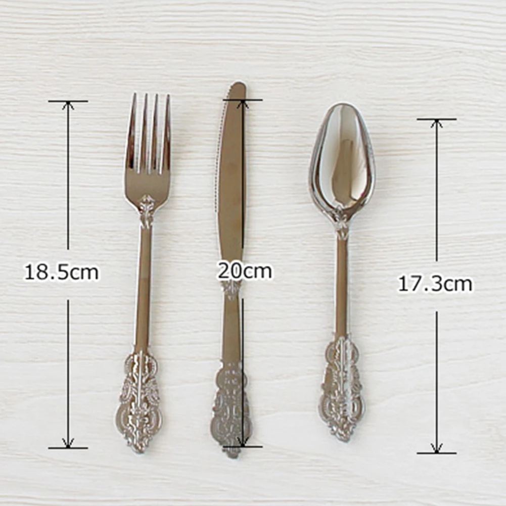 Restaurant Forks Spoons Disposable Tableware Set Hotel Anniversary Imitation Metal Embossed Dining Wedding Cutlery Party Carved