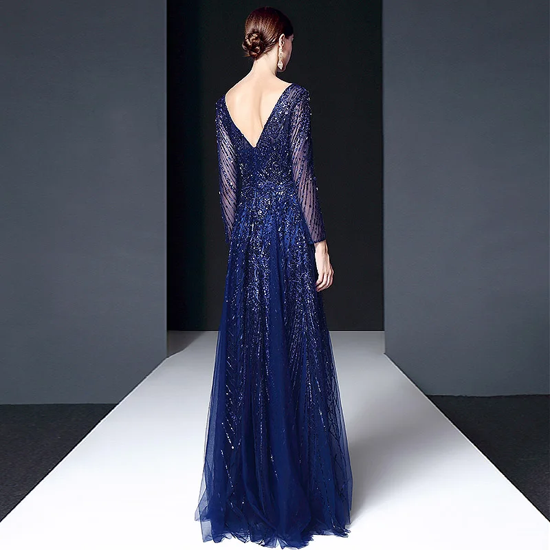 Robe De Soiree, длинные рукава, темно-синие вечерние платья, с блестками, с ручной отделкой бисером, элегантное вечернее платье с v-образным вырезом на спине, длинное