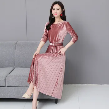

Autumn and winter women's fashion temperament women's dress 2020 new medium long round neck long sleeve women's dress NUW935