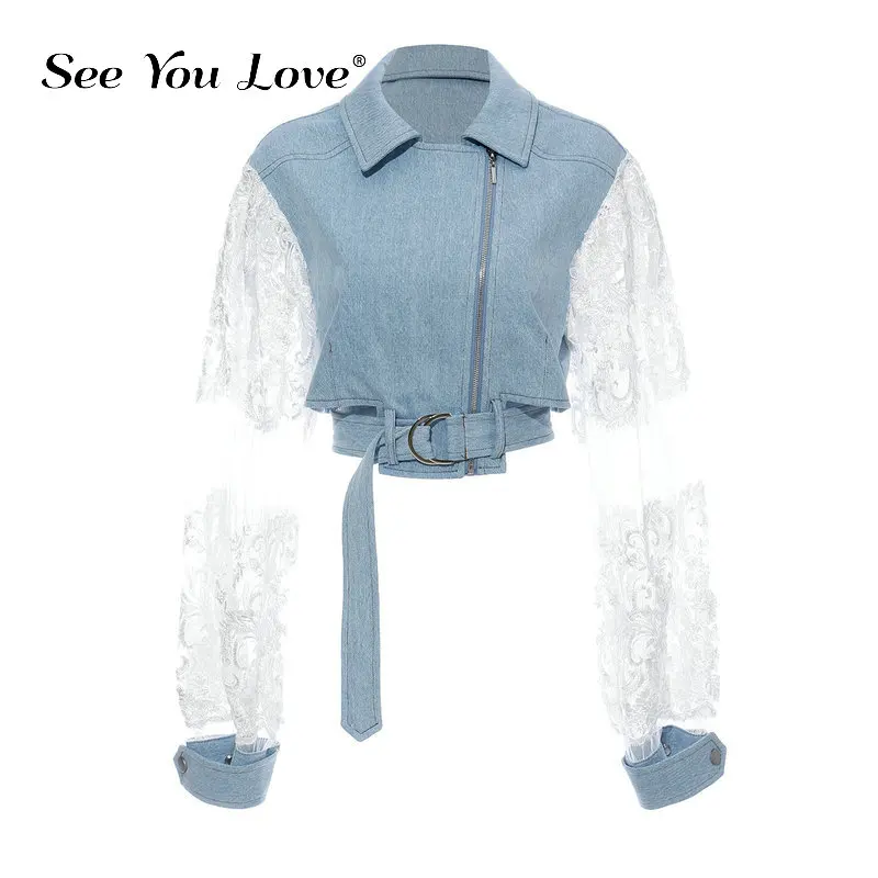 

See you love Loose Fit Lace Split Joint Blue Denim Jacket New Lapel Long Sleeve Women Coat Fashion Tide Autumn Winter 2019 New