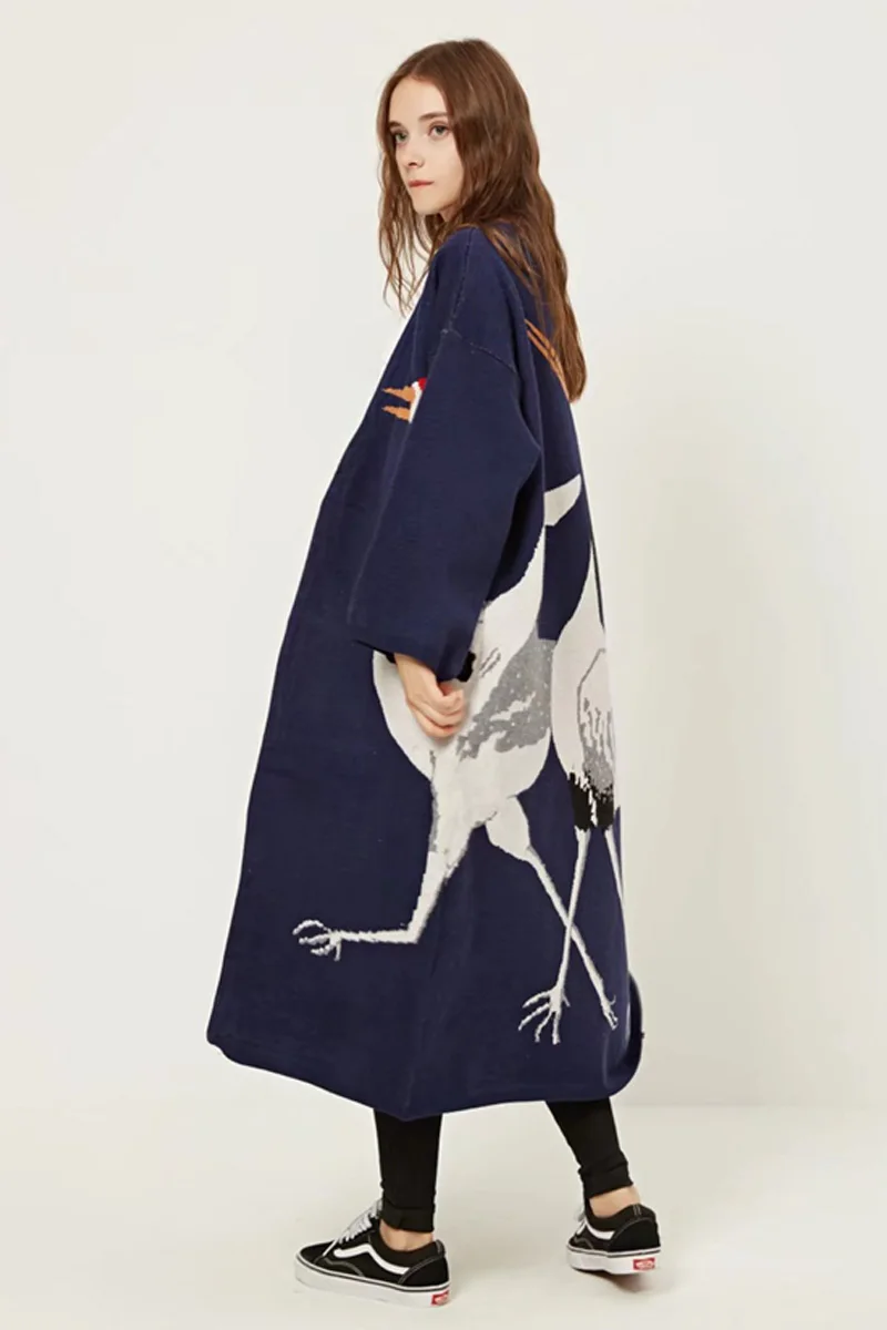 as shows Autumn Casual Cashmere Trench Coat Women Cartoon Cranes Pattern Open Stitch Knitting Long Outwear Oversize-1028 - Color: as shows