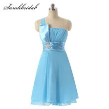 Милое шифоновое Короткое мини платье для выпускного вечера, плиссированное коктейльное платье с рюшами, платье на одно плечо со стразами, небесно-голубое Недорогое Платье SLD017