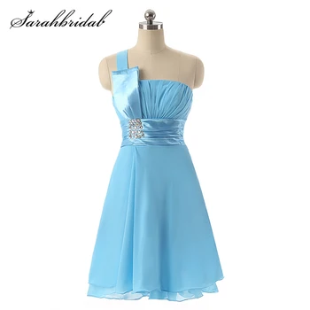 

Sweety Chiffon Short Mini Homecoming Dress Pleat Ruched Cocktail Prom Gown Crystal One Shoulder Sky Blue Cheap Vestidos SLD017