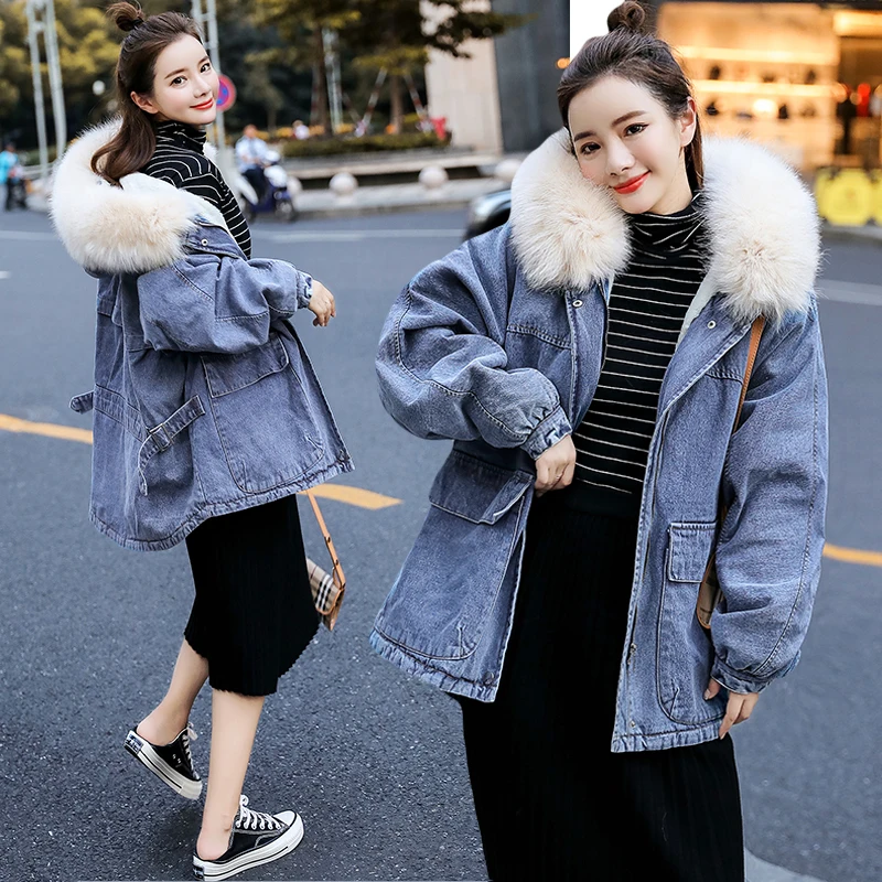 

Loose Thick Warm Wool Liner Denim Jackets Coats Women Large Fur Collar Zipper Pockets Hooded Wind Breaker Female Outwear Winter