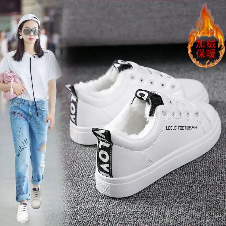 

2019 Autumn & Winter New Style White Shoes Women's plus Velvet Warm Versatile Flat Shoes Korean-style Students Casual Shoes Cott